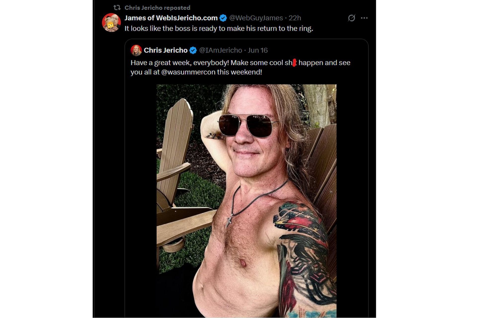 Chris Jericho reposted the fan's post, saying he is ready for an in-ring return